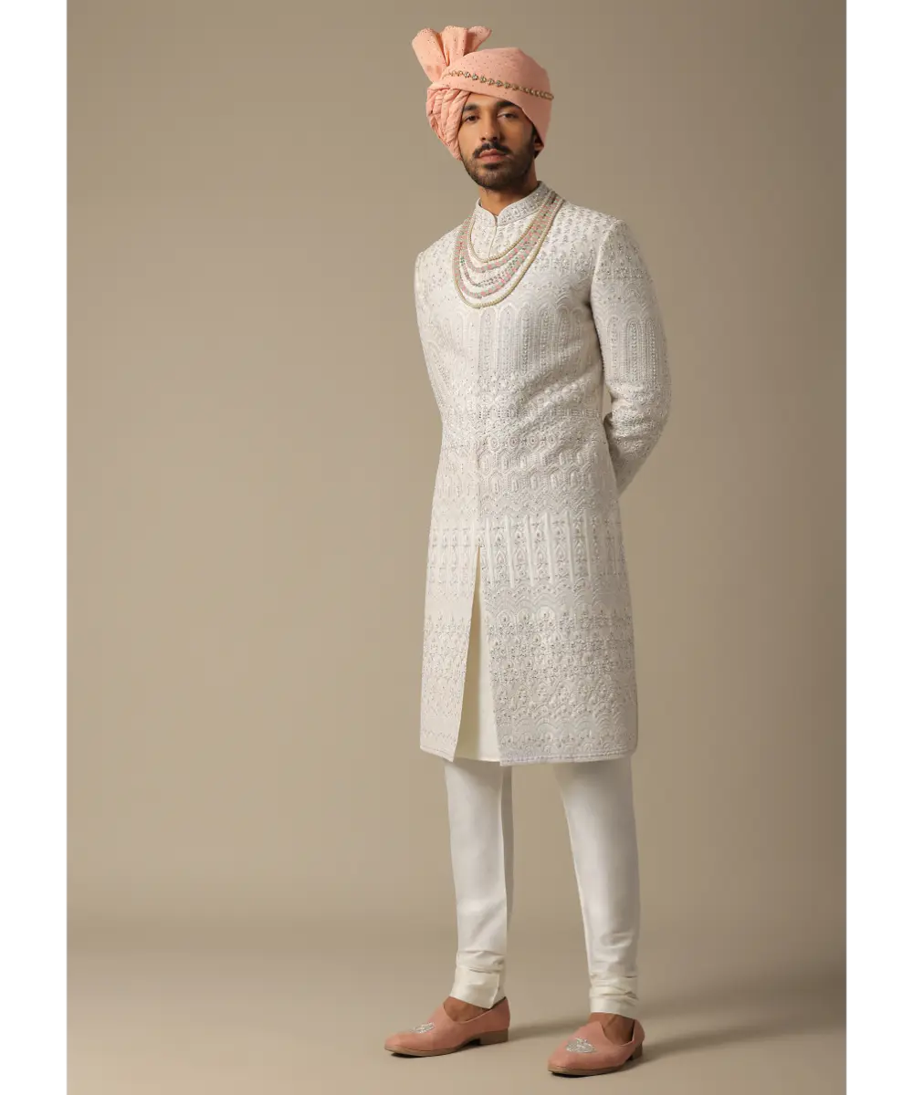 KALKI - Exquisite White Silk Sherwani Set