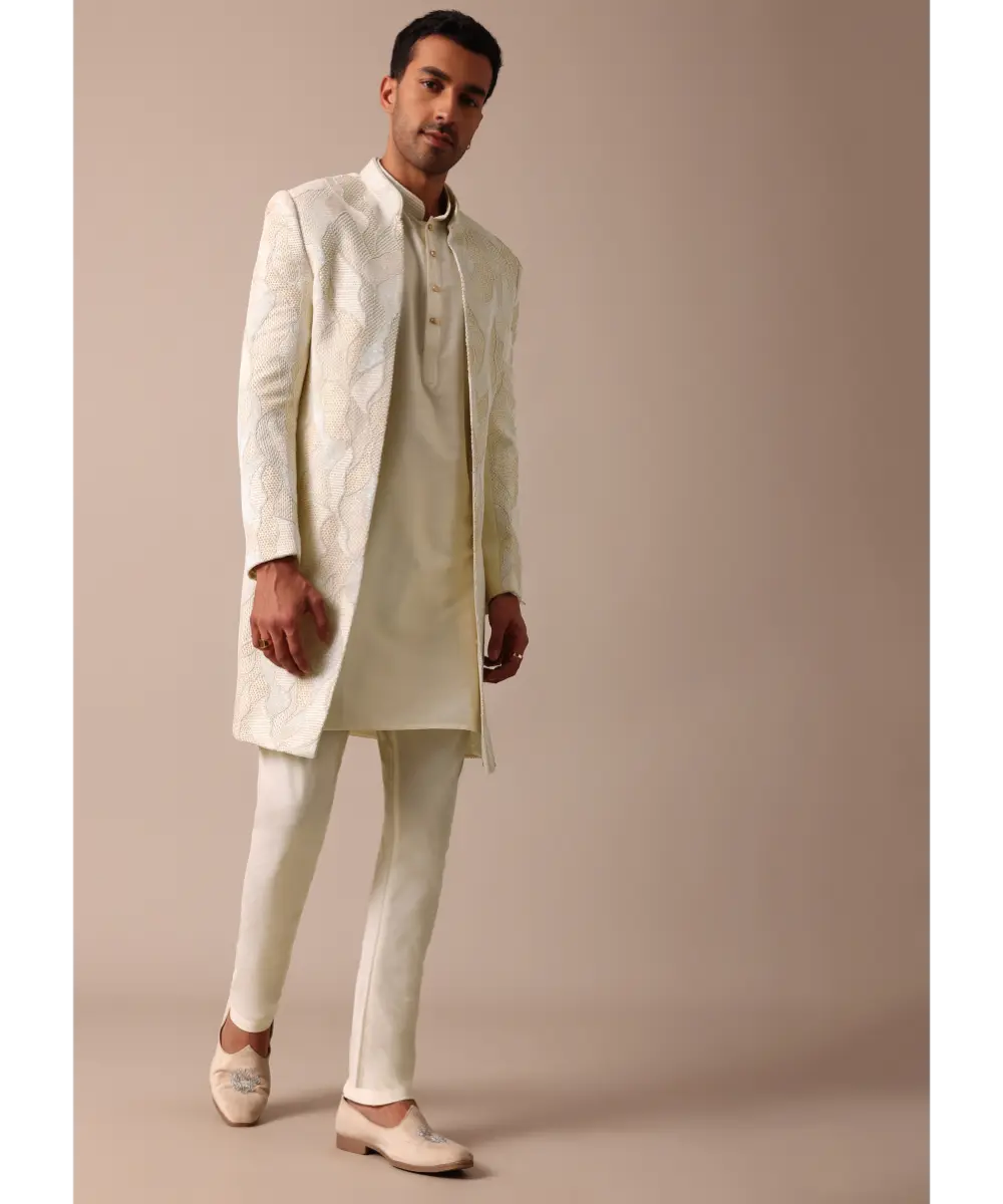 KALKI - Classic Beige Banarasi Silk Sherwani Set