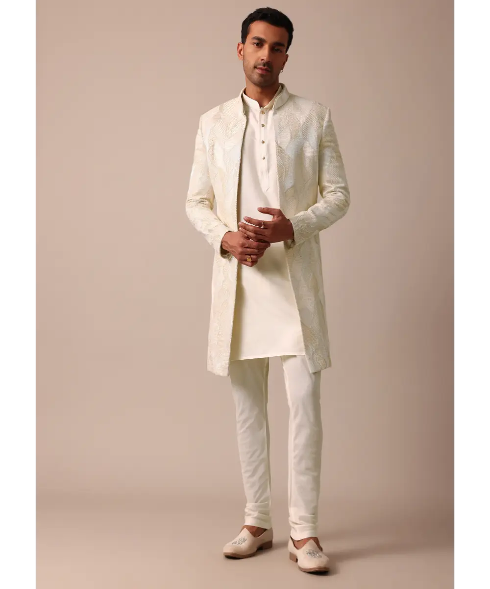 KALKI - Classic Beige Banarasi Silk Sherwani Set
