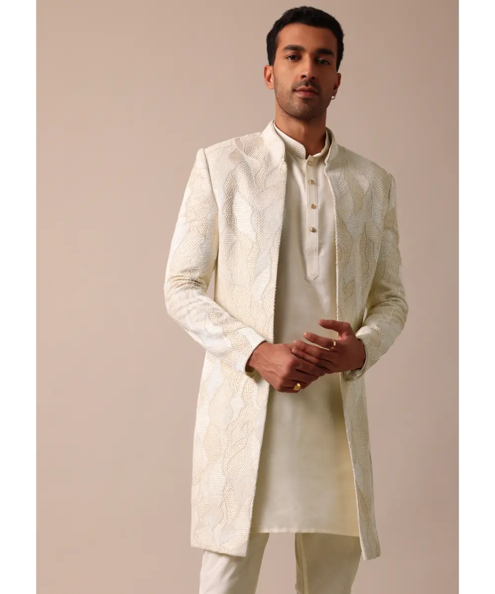 KALKI - Classic Beige Banarasi Silk Sherwani Set