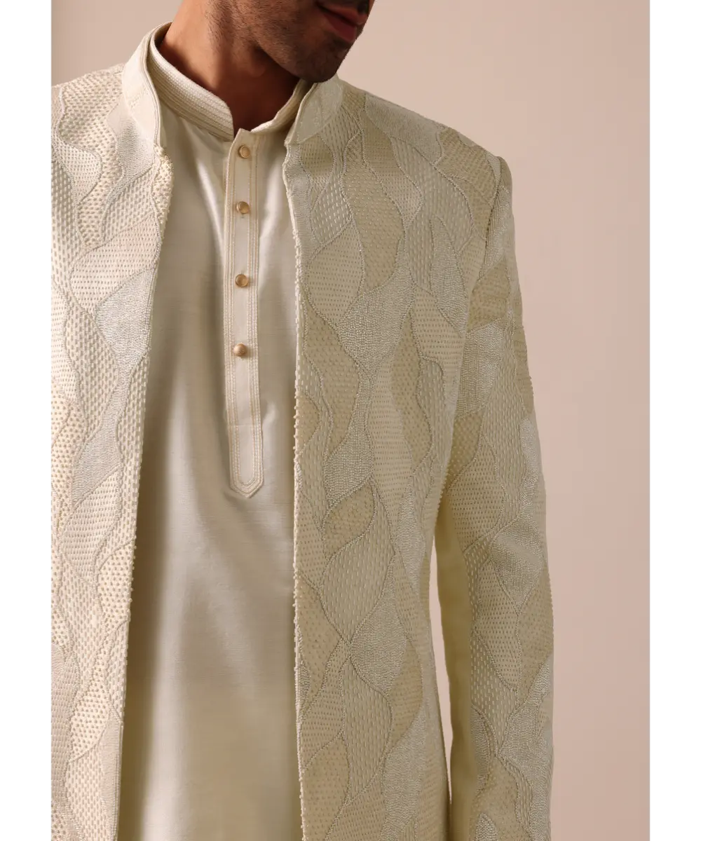 KALKI - Classic Beige Banarasi Silk Sherwani Set