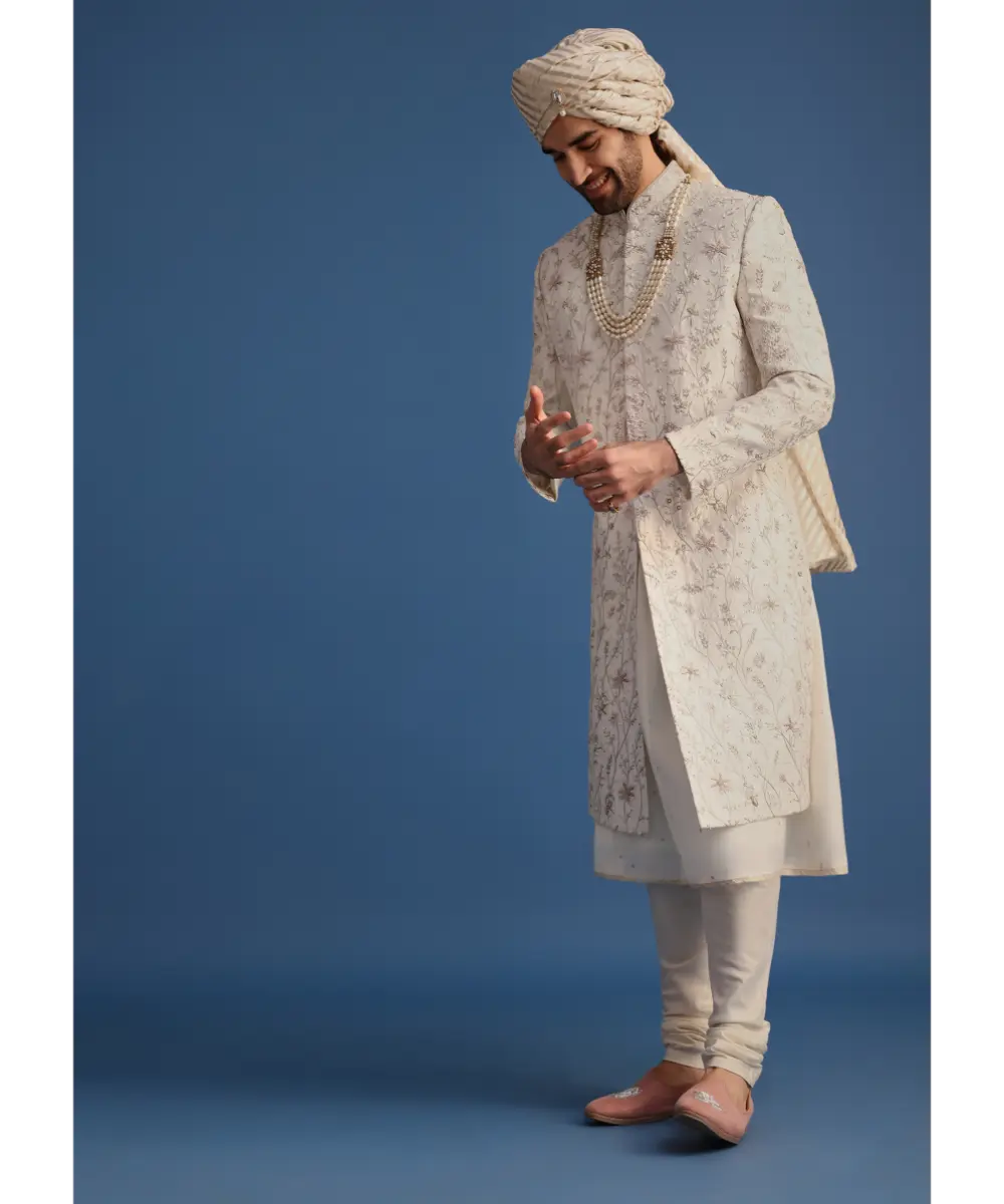 KALKI - Off White Raw Silk Embroidered Sherwani Suit