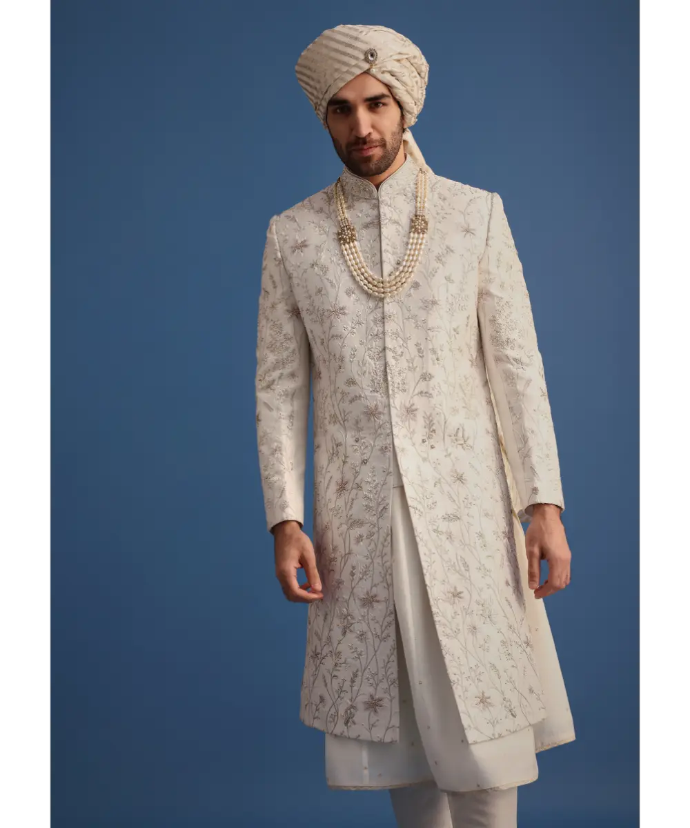 KALKI - Off White Raw Silk Embroidered Sherwani Suit