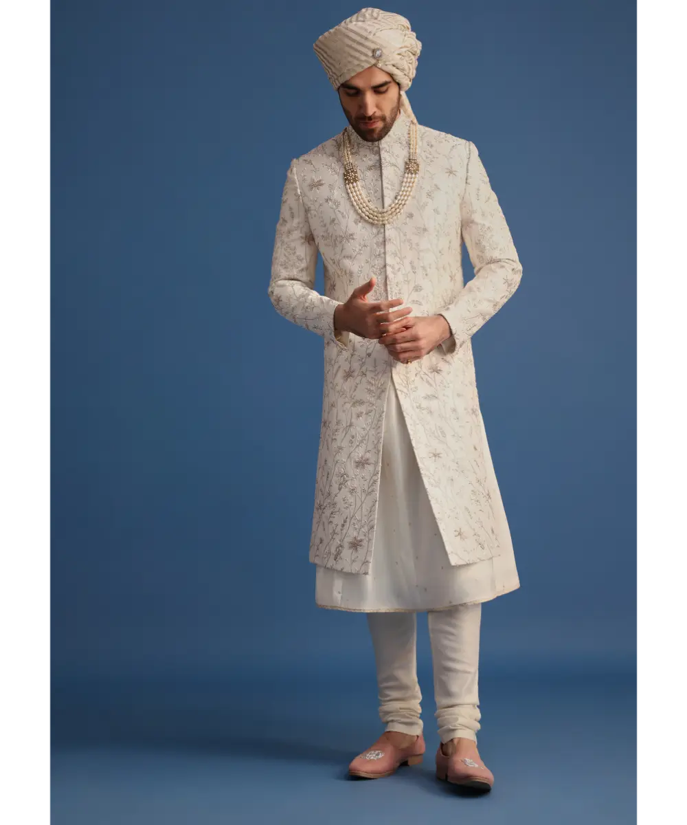 KALKI - Off White Raw Silk Embroidered Sherwani Suit