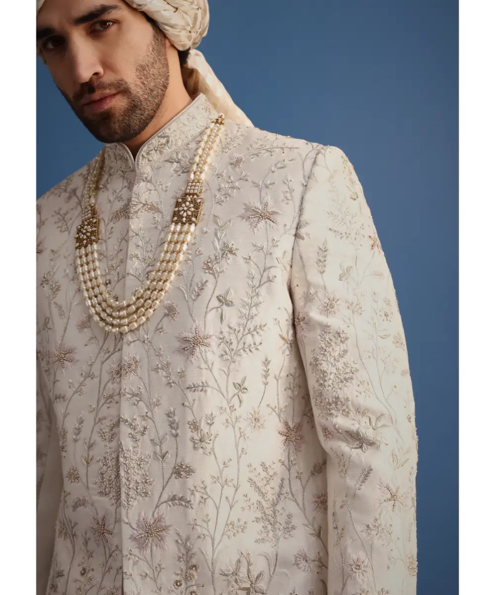 KALKI - Off White Raw Silk Embroidered Sherwani Suit