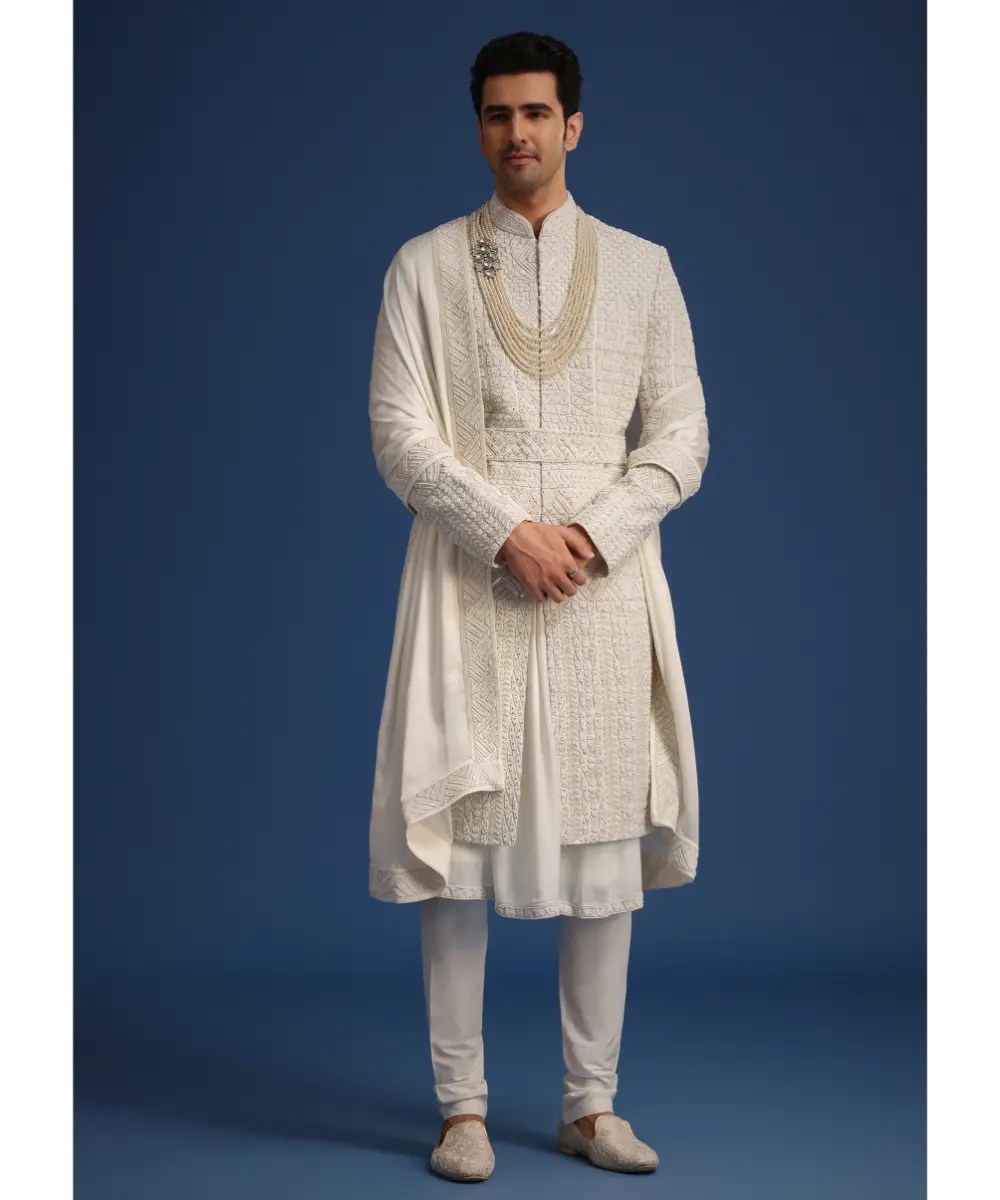 KALKI - White Silk Embellished Sherwani Set With Kamarbandh