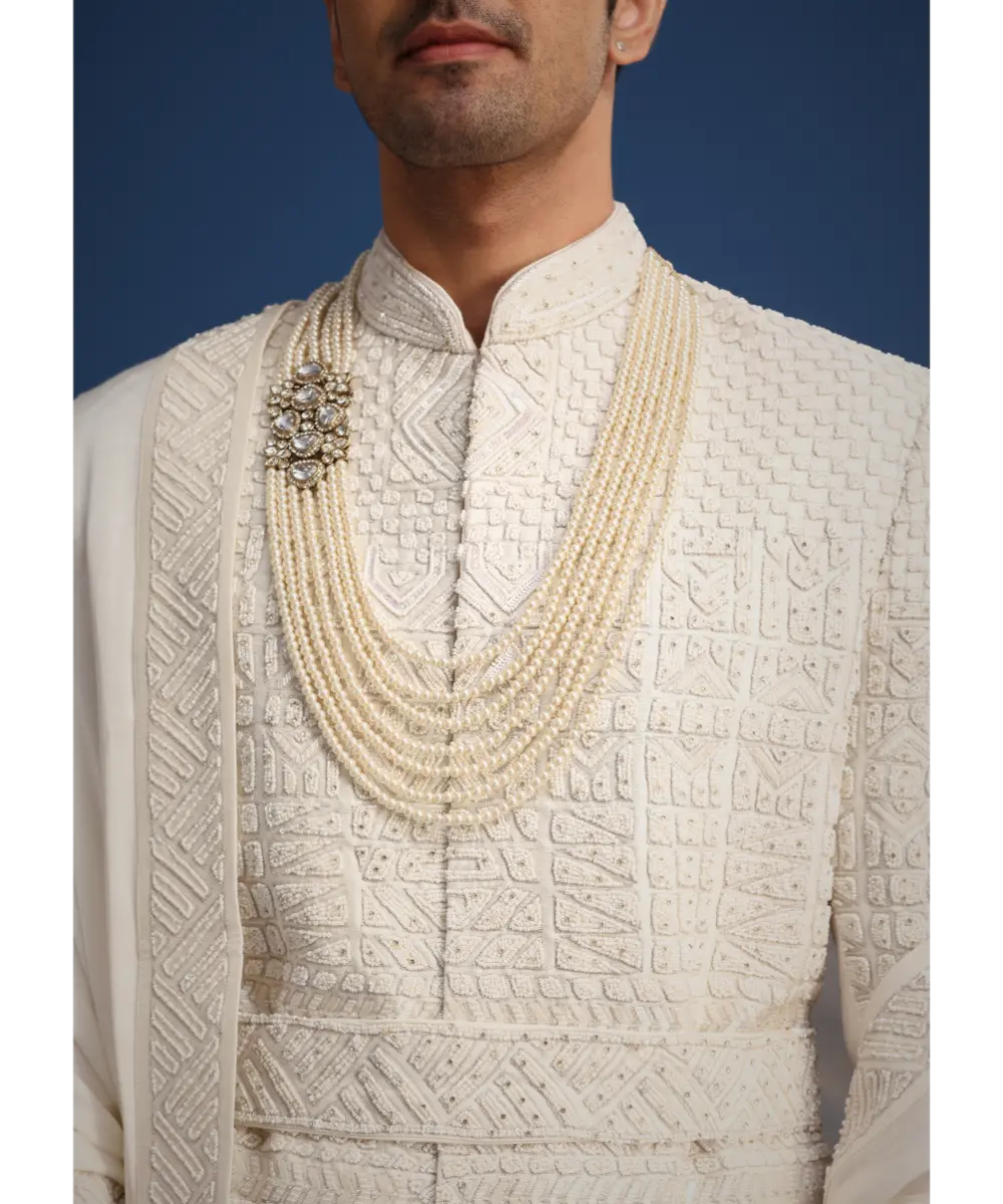 KALKI - White Silk Embellished Sherwani Set With Kamarbandh