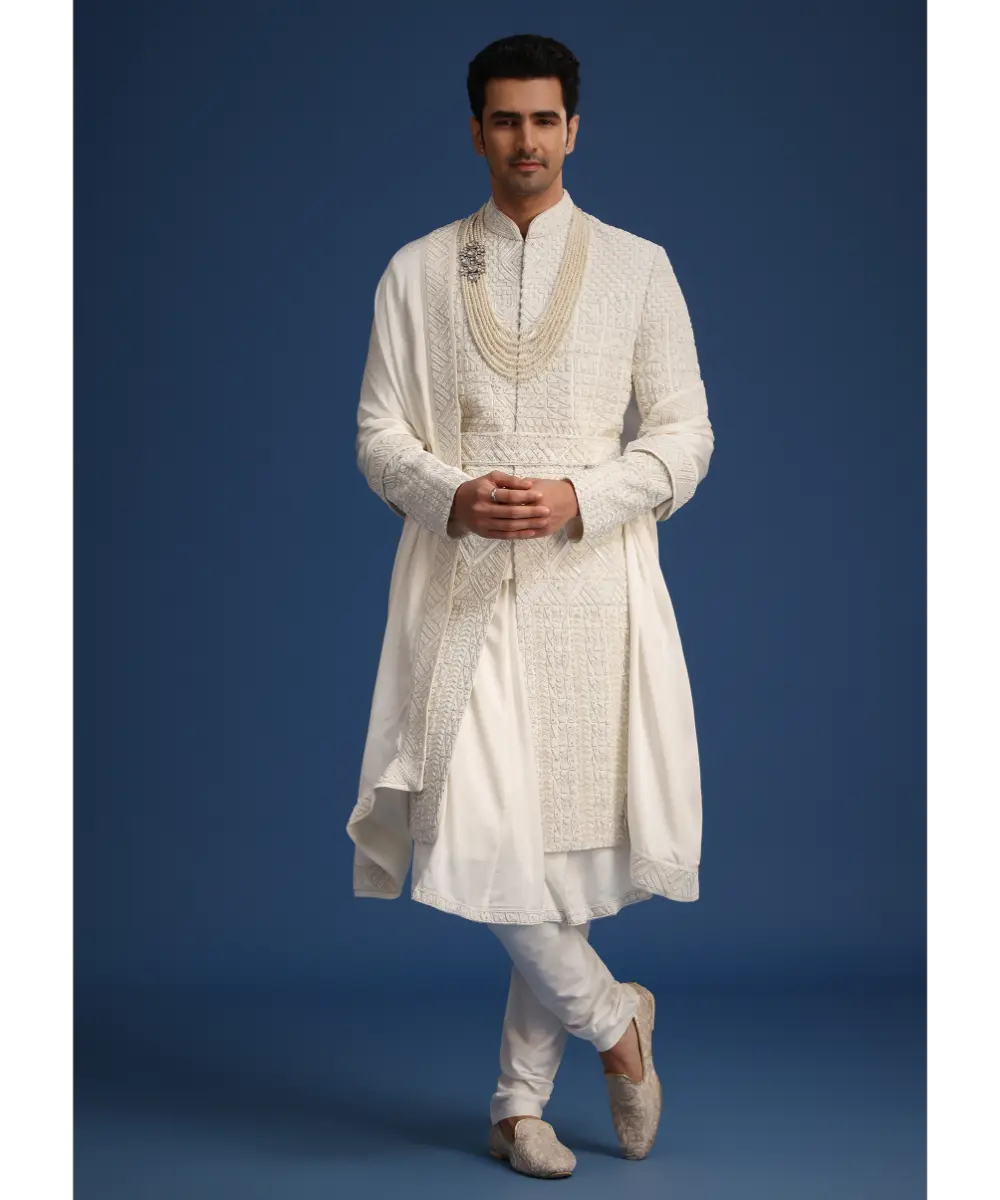 KALKI - White Silk Embellished Sherwani Set With Kamarbandh