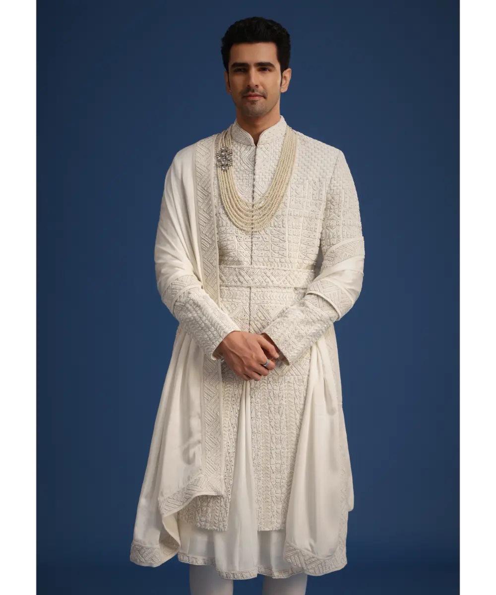 KALKI - White Silk Embellished Sherwani Set With Kamarbandh