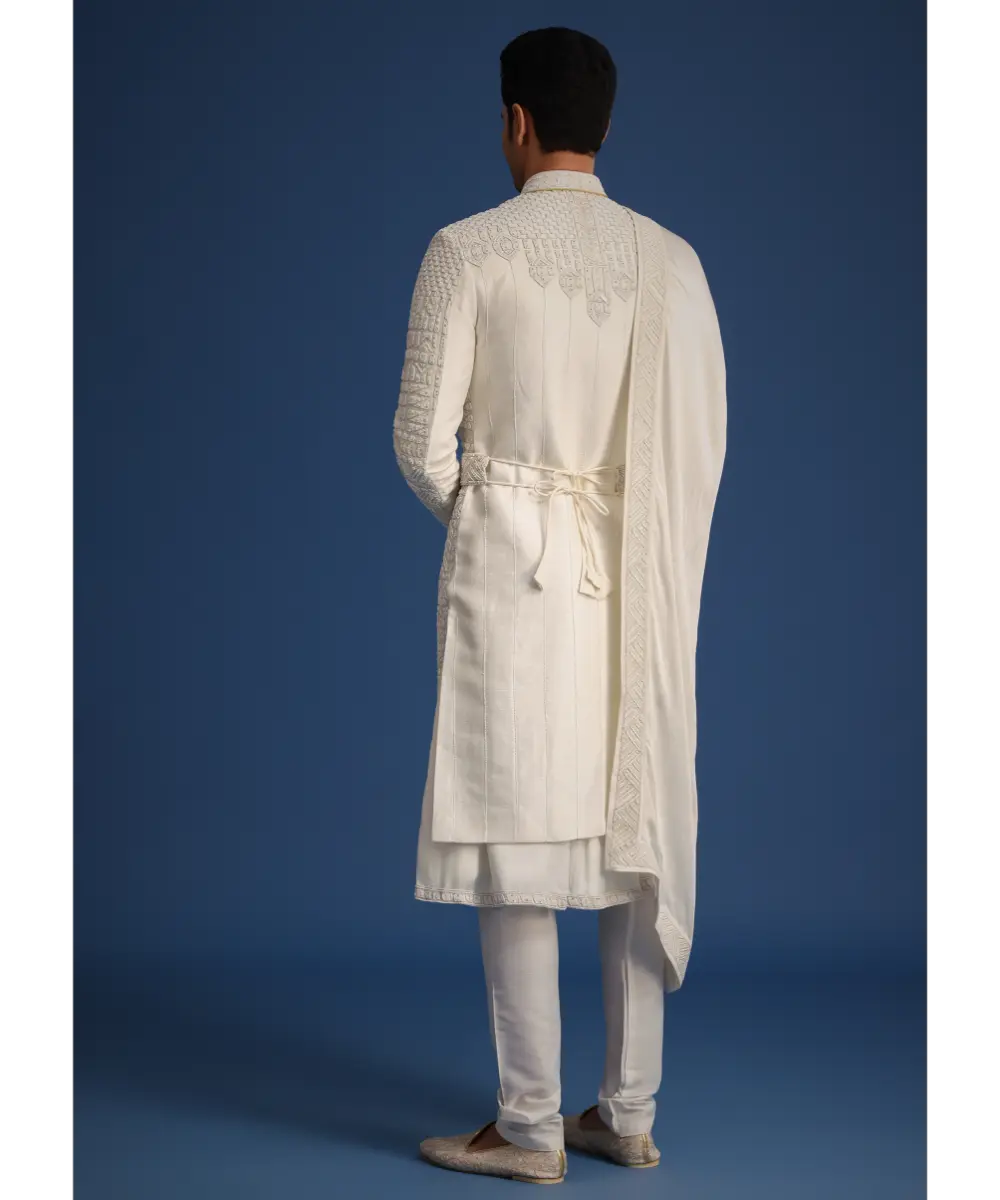 KALKI - White Silk Embellished Sherwani Set With Kamarbandh