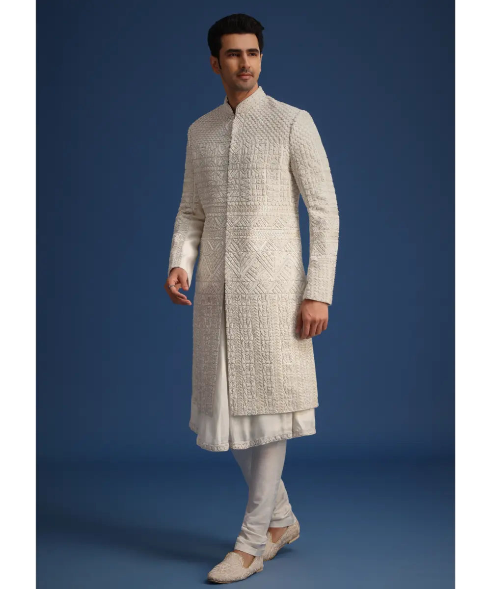 KALKI - White Silk Embellished Sherwani Set With Kamarbandh