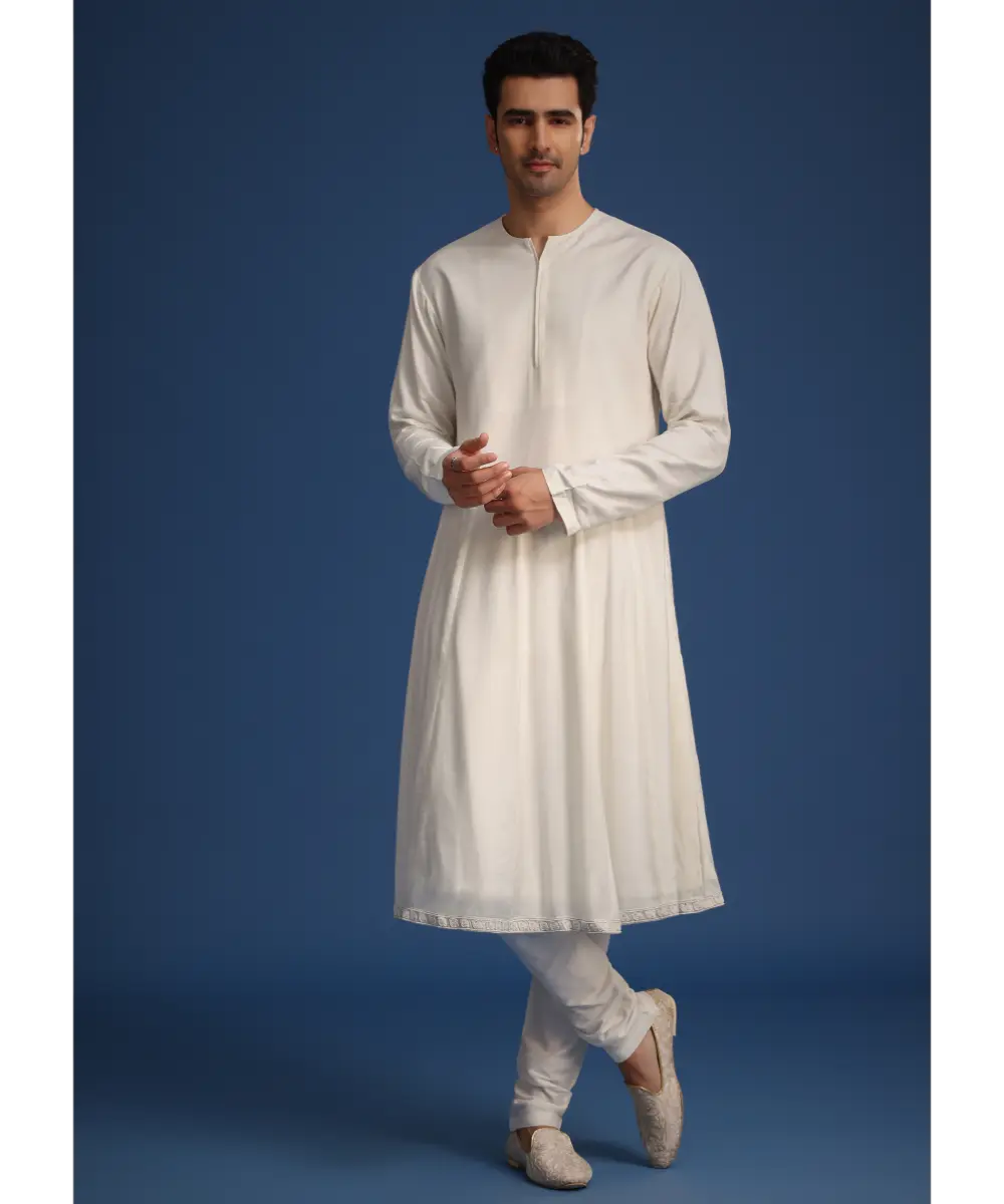 KALKI - White Silk Embellished Sherwani Set With Kamarbandh
