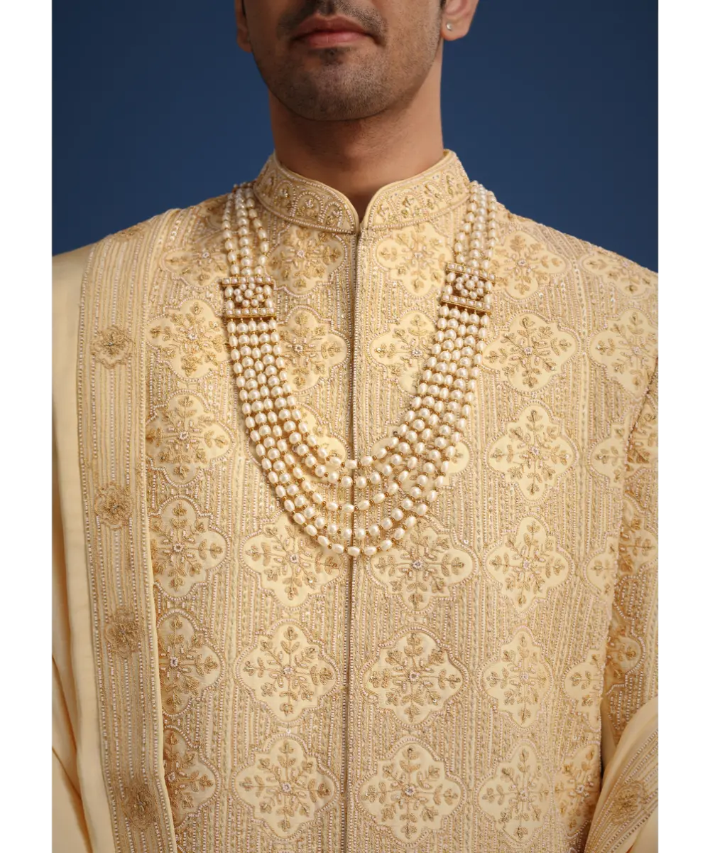 KALKI - Gold Silk Embroidered Sherwani Set With Dupatta