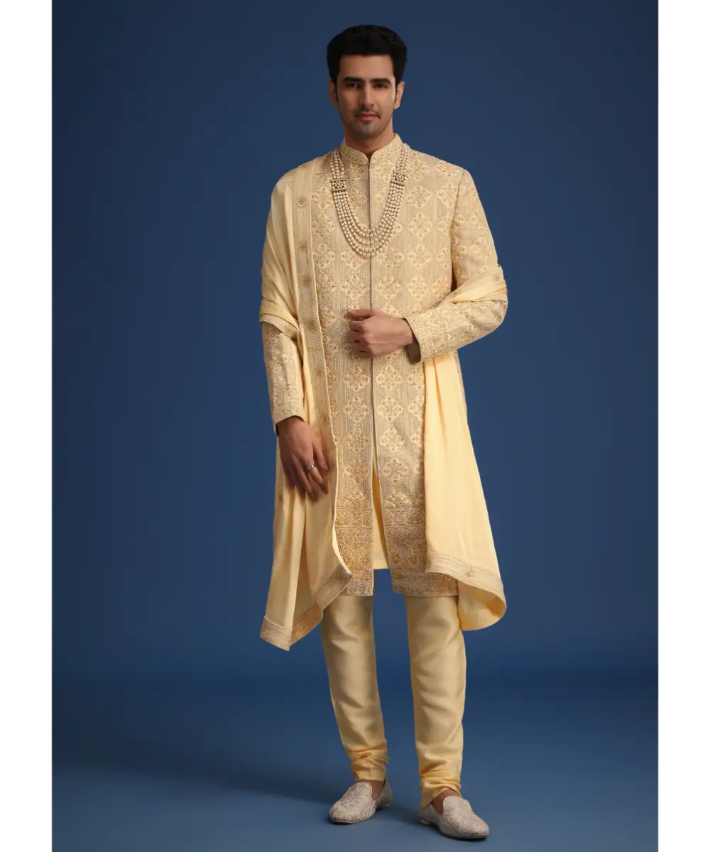 KALKI - Gold Silk Embroidered Sherwani Set With Dupatta
