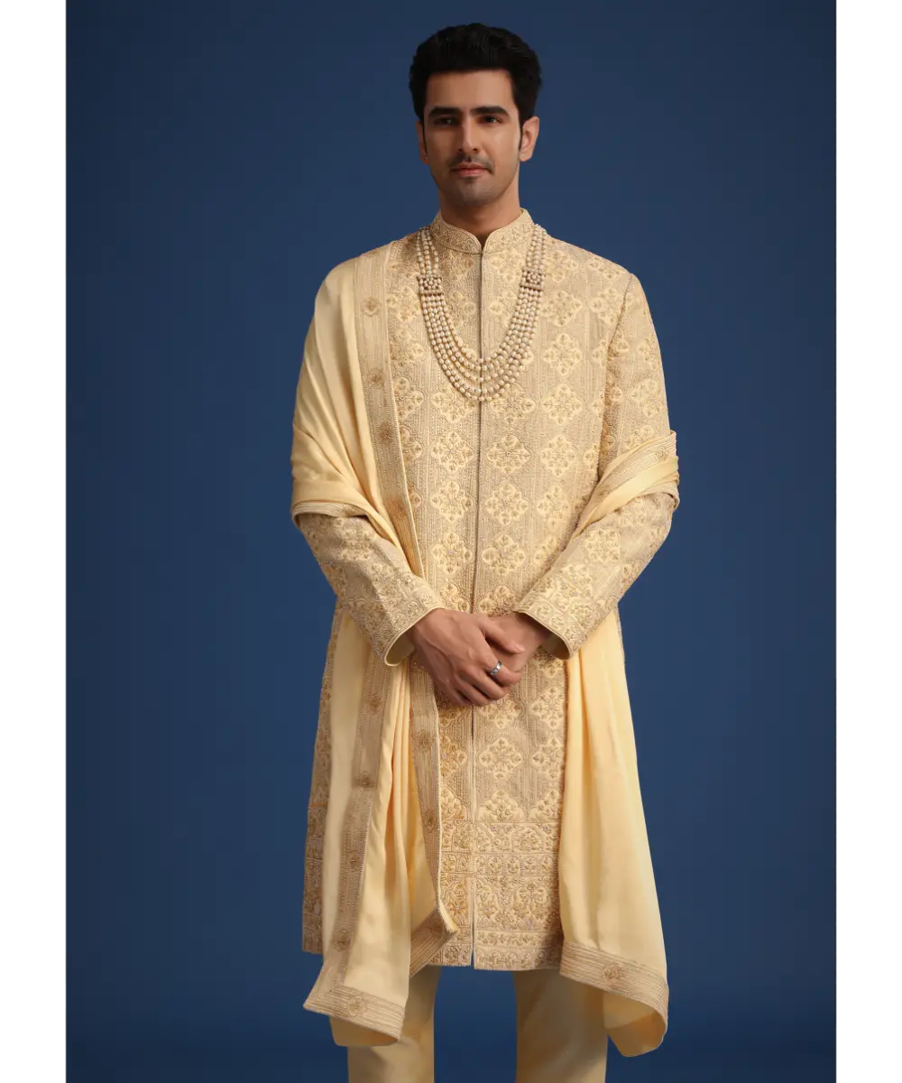 KALKI - Gold Silk Embroidered Sherwani Set With Dupatta