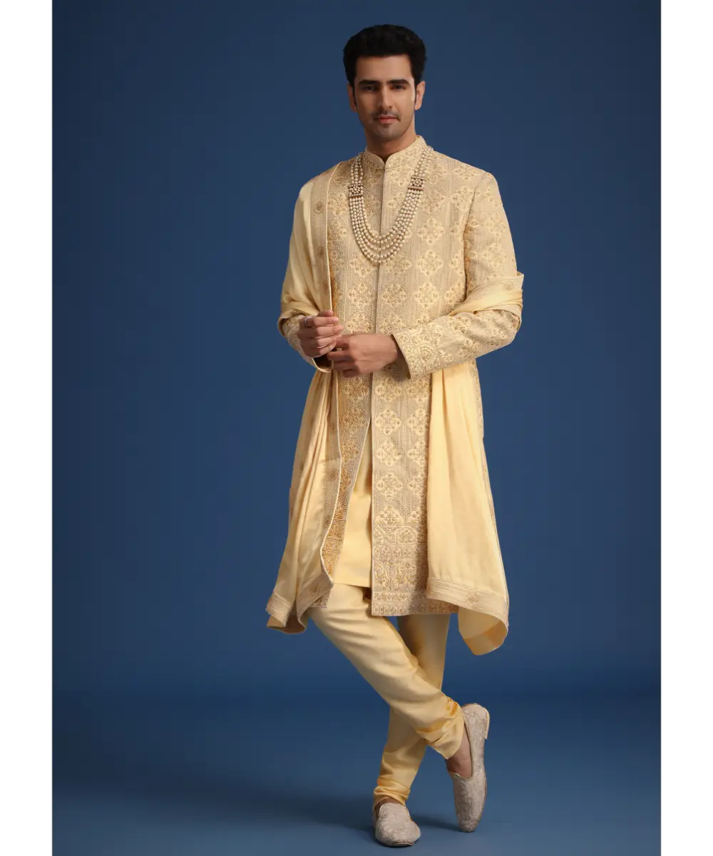 KALKI - Gold Silk Embroidered Sherwani Set With Dupatta