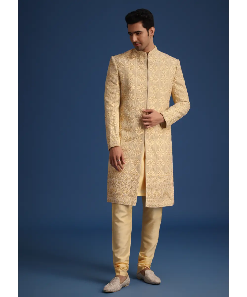 KALKI - Gold Silk Embroidered Sherwani Set With Dupatta