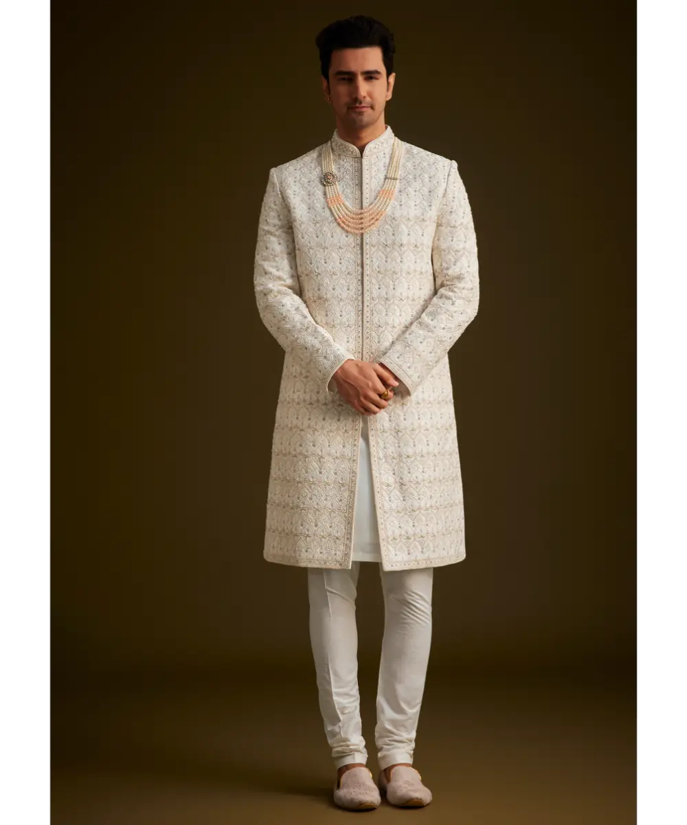 KALKI - Ivory Embroidered Sherwani With Classic Pearl Detailing