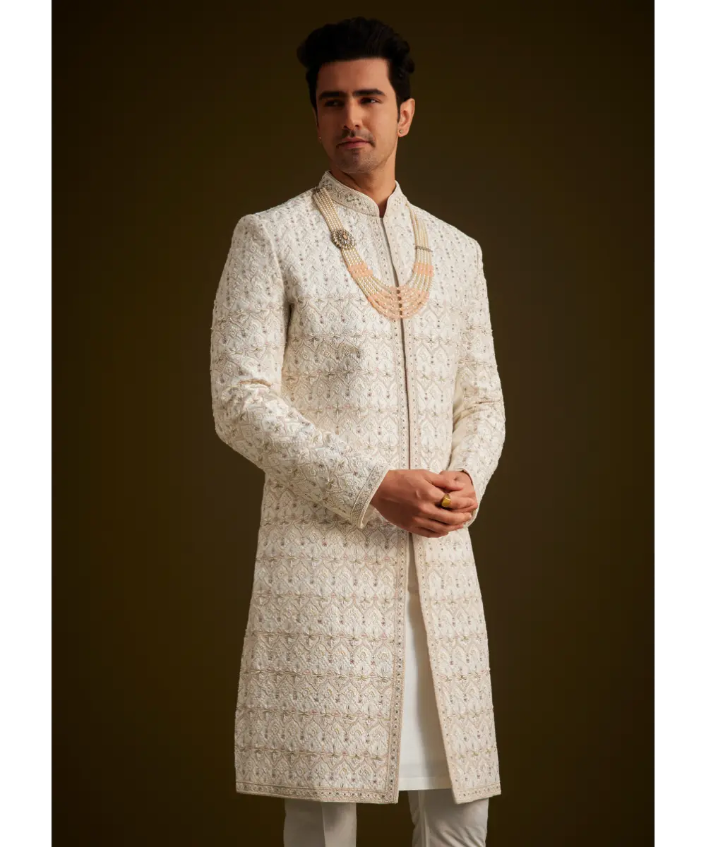 KALKI - Ivory Embroidered Sherwani With Classic Pearl Detailing