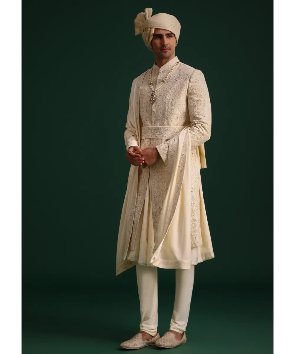 KALKI - Light Gold Silk Sherwani Set With Kamarbandh And Mala