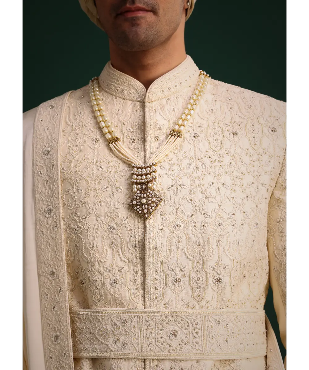 KALKI - Light Gold Silk Sherwani Set With Kamarbandh And Mala