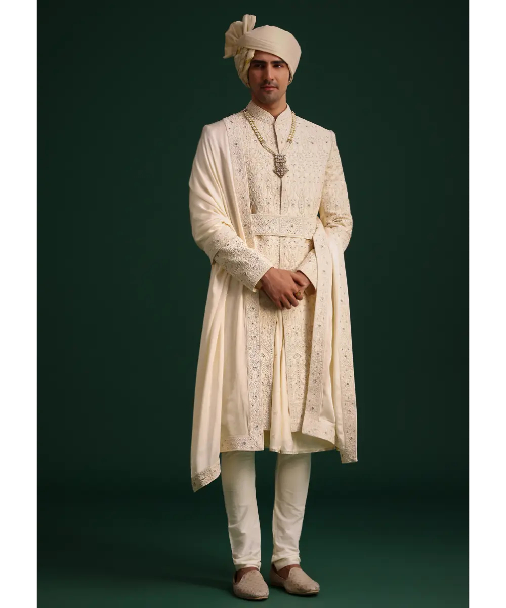 KALKI - Light Gold Silk Sherwani Set With Kamarbandh And Mala