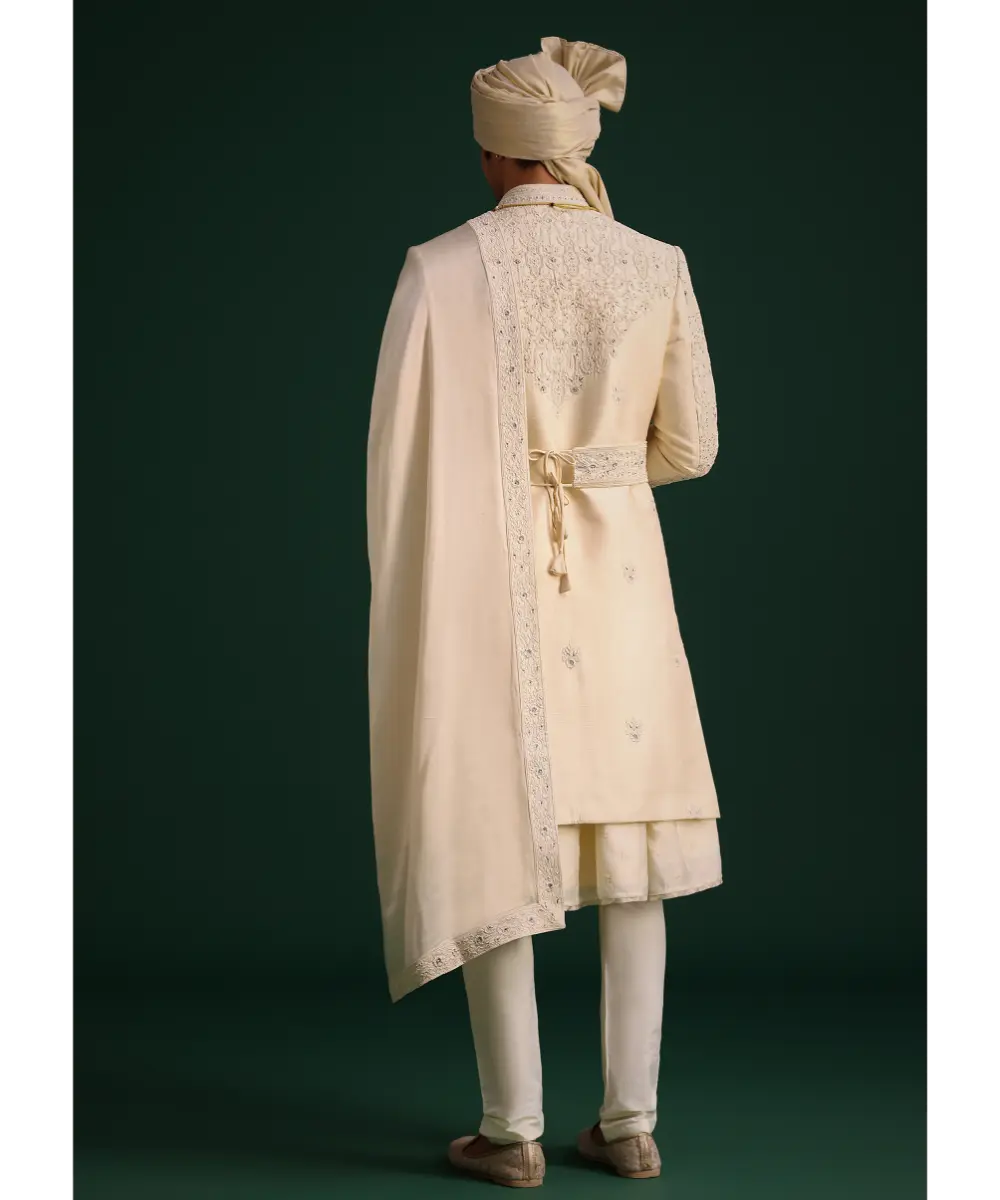 KALKI - Light Gold Silk Sherwani Set With Kamarbandh And Mala