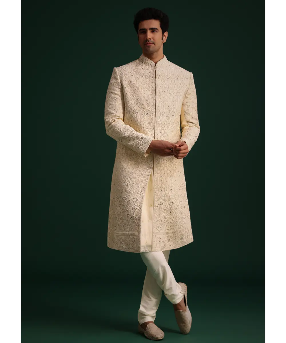 KALKI - Light Gold Silk Sherwani Set With Kamarbandh And Mala