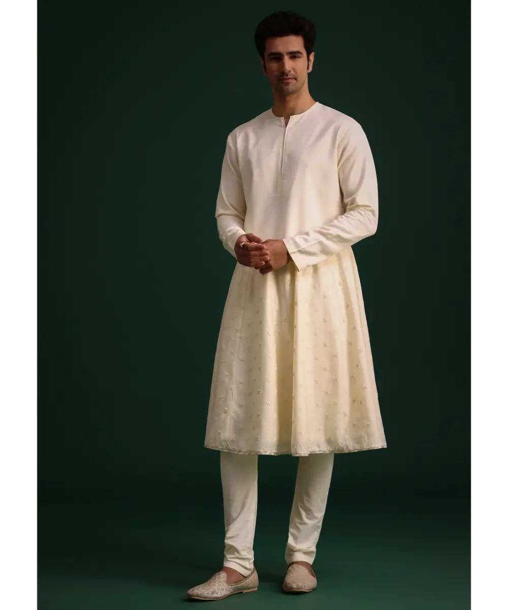 KALKI - Light Gold Silk Sherwani Set With Kamarbandh And Mala