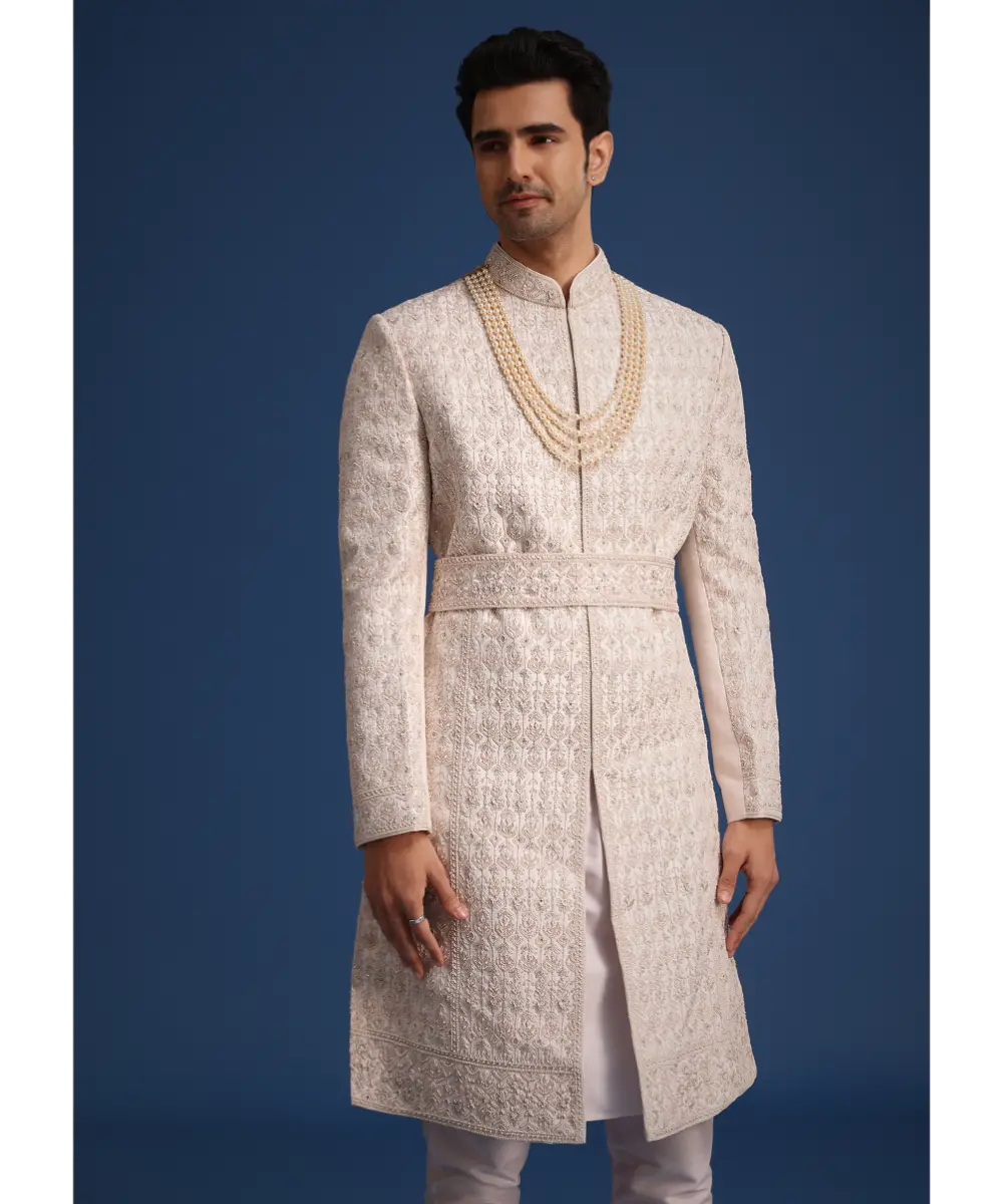 KALKI - Light Pink Zari Work Silk Sherwani Set With Dupatta