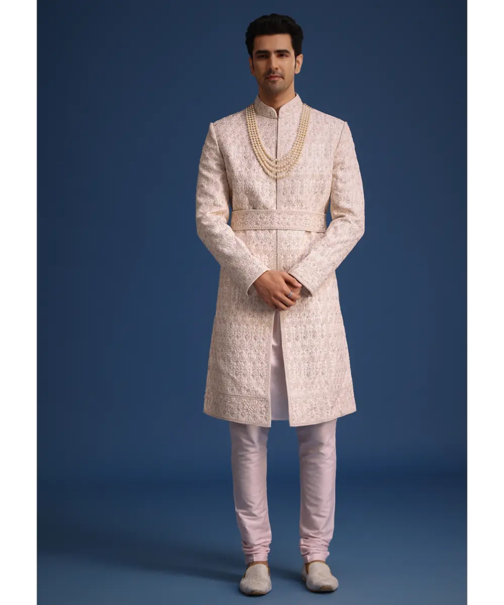 KALKI - Light Pink Zari Work Silk Sherwani Set With Dupatta