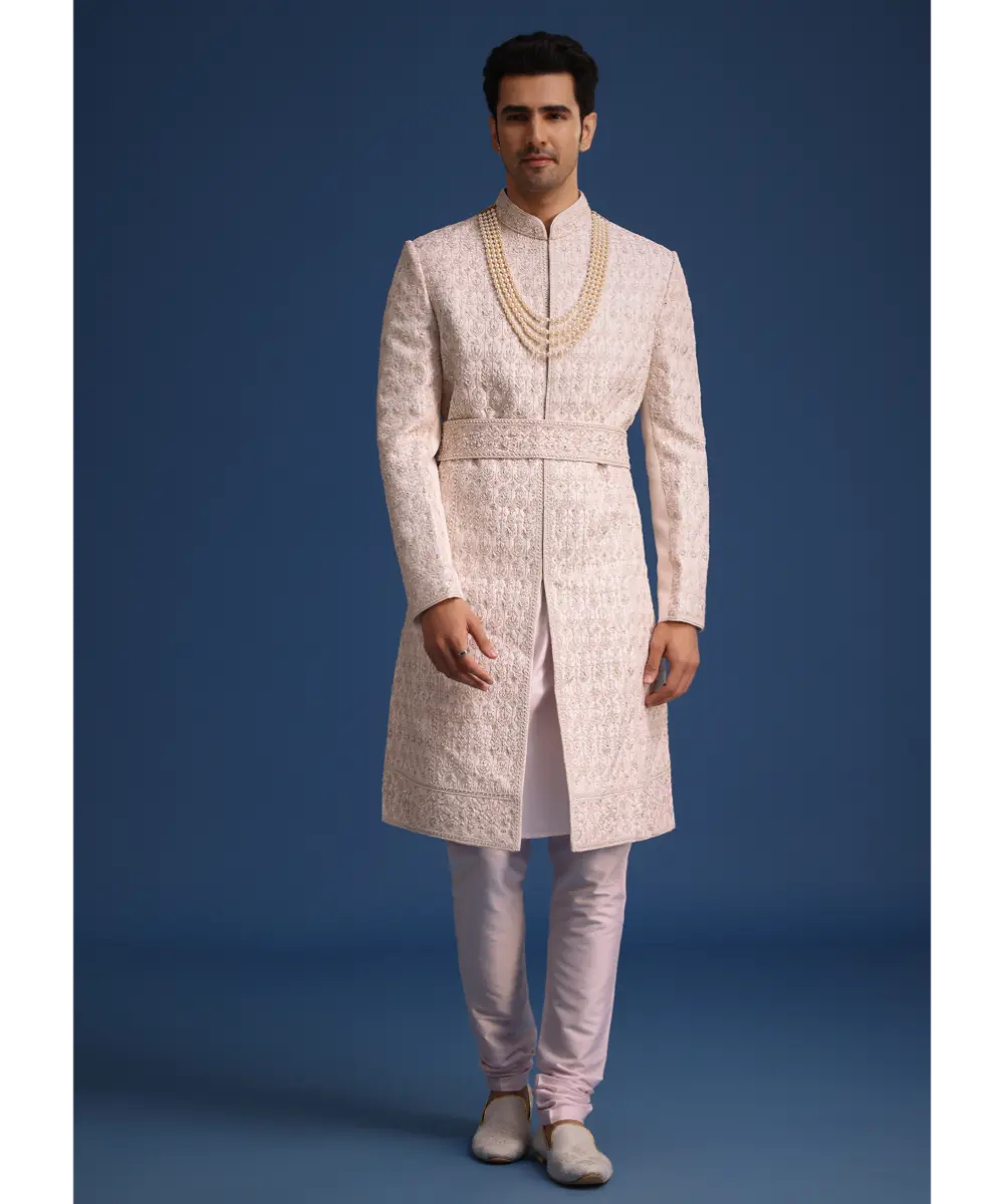 KALKI - Light Pink Zari Work Silk Sherwani Set With Dupatta