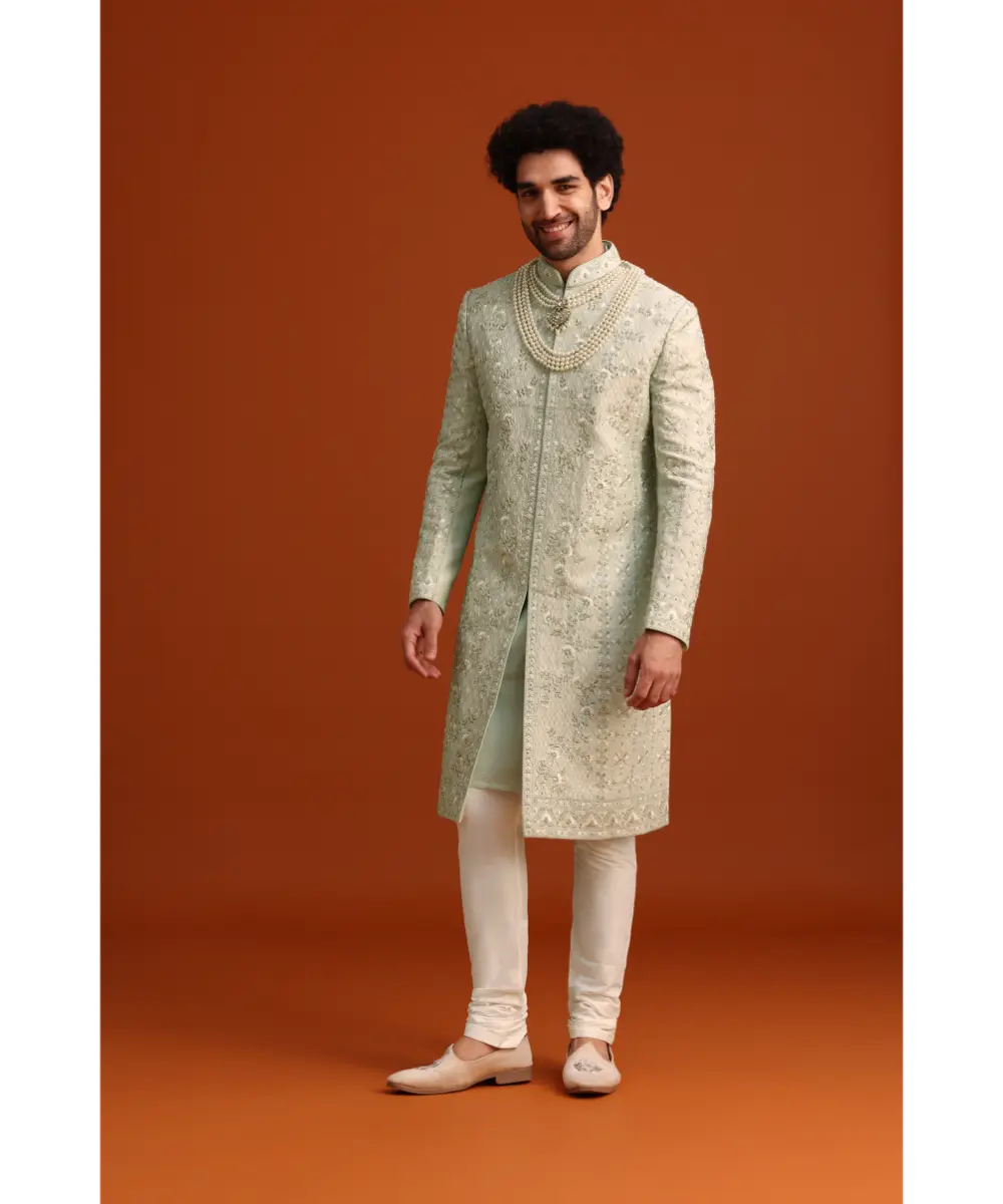 KALKI - Mint Green Silk Sherwani Set With Sequin Work