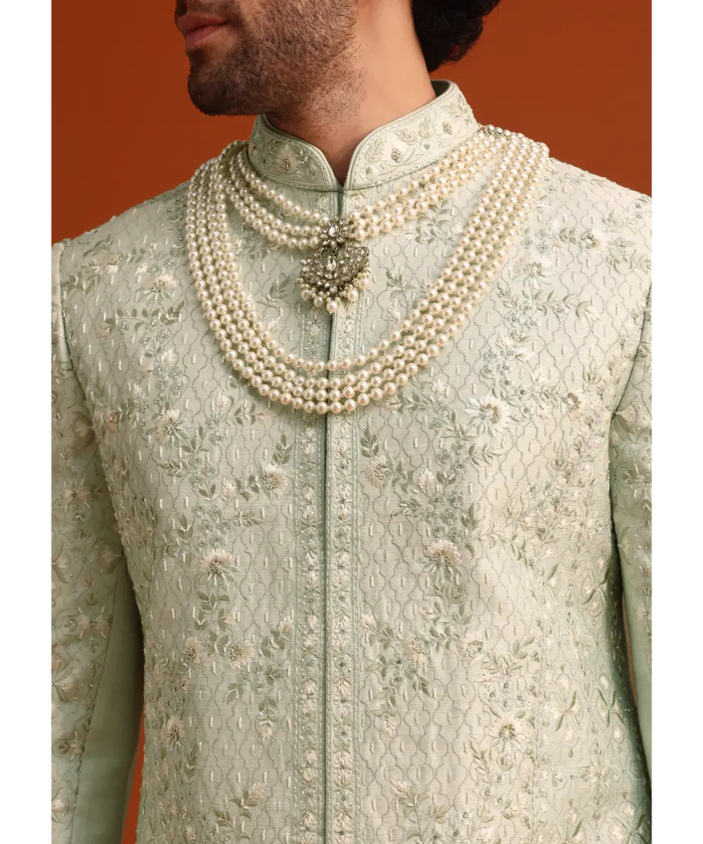 KALKI - Mint Green Silk Sherwani Set With Sequin Work