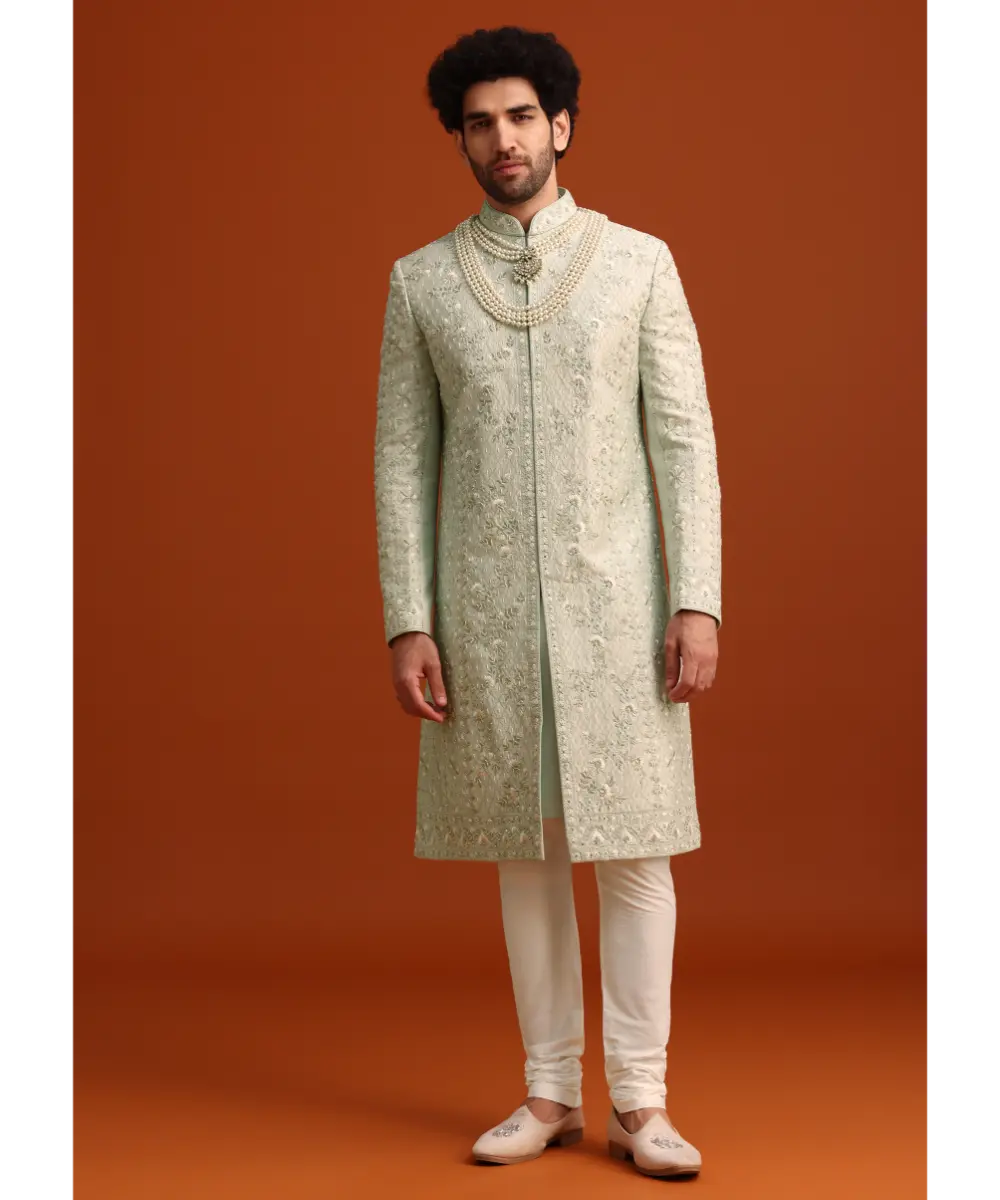 KALKI - Mint Green Silk Sherwani Set With Sequin Work