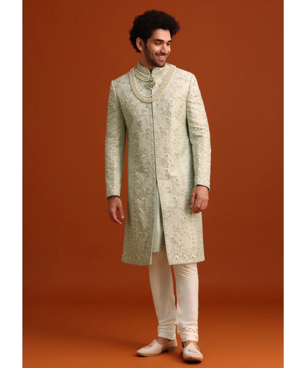 KALKI - Mint Green Silk Sherwani Set With Sequin Work