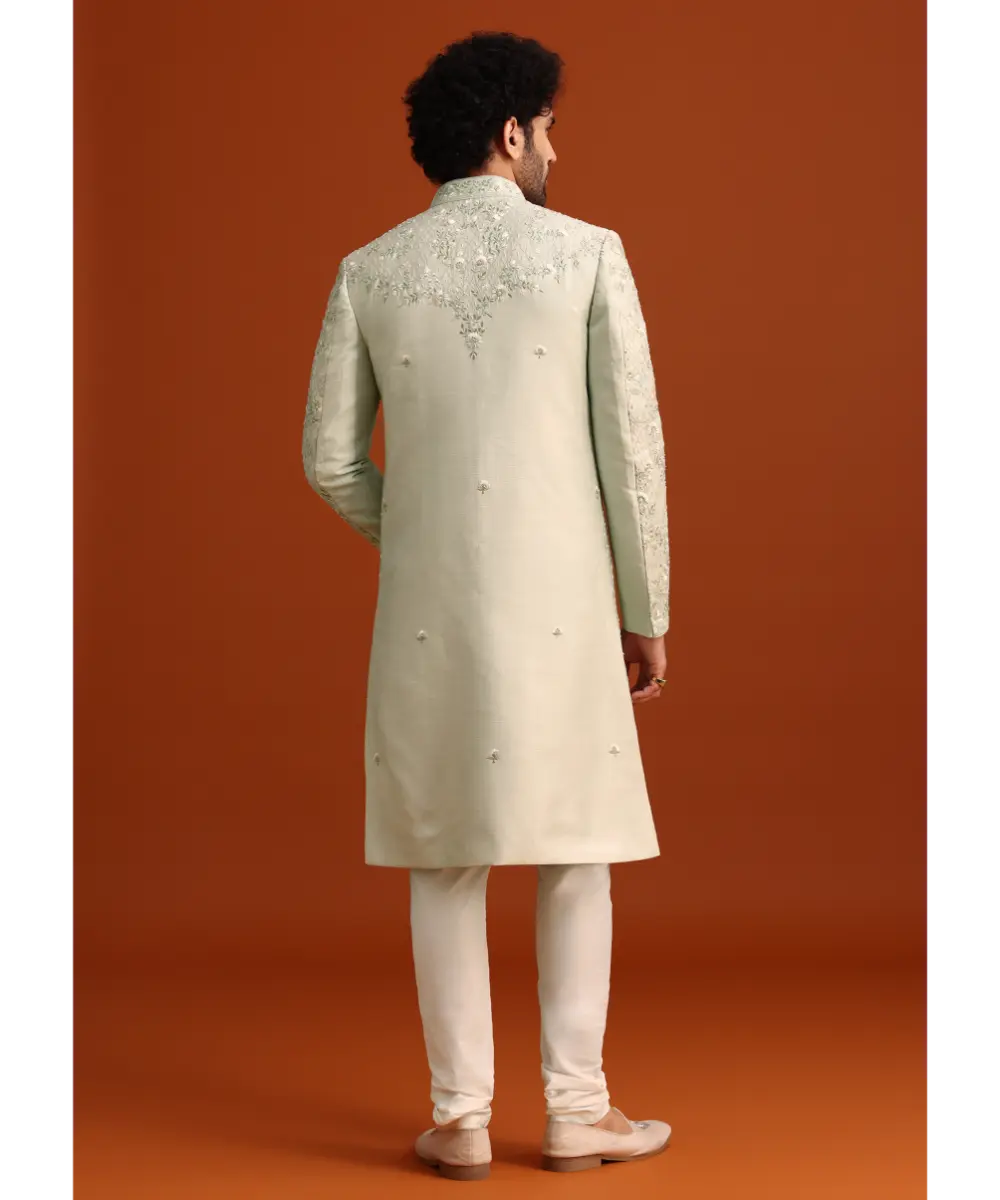 KALKI - Mint Green Silk Sherwani Set With Sequin Work