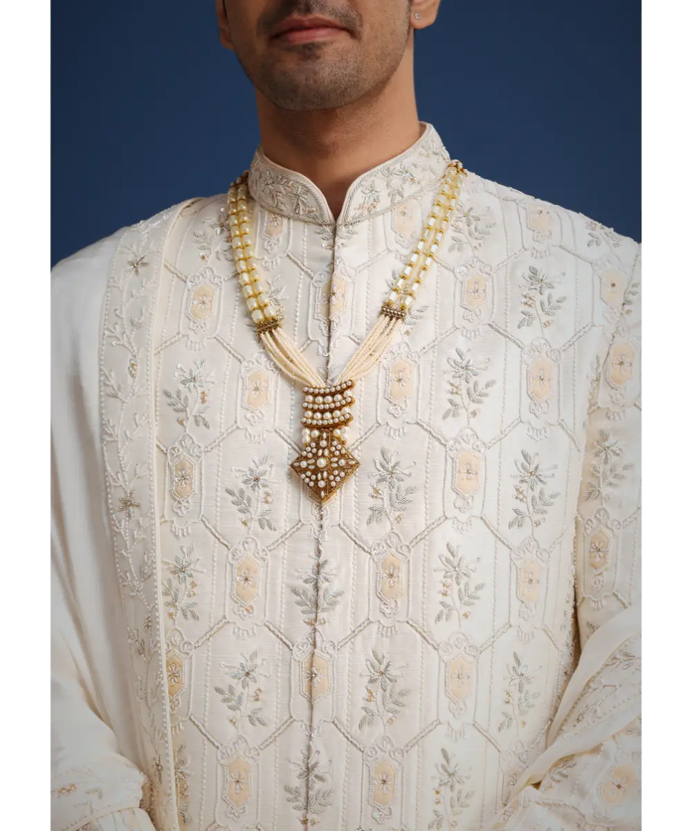 KALKI - Beige Silk Sherwani Set With Mala And Dupatta