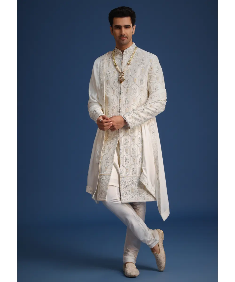 KALKI - Beige Silk Sherwani Set With Mala And Dupatta