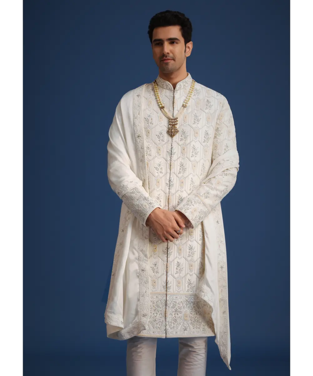 KALKI - Beige Silk Sherwani Set With Mala And Dupatta