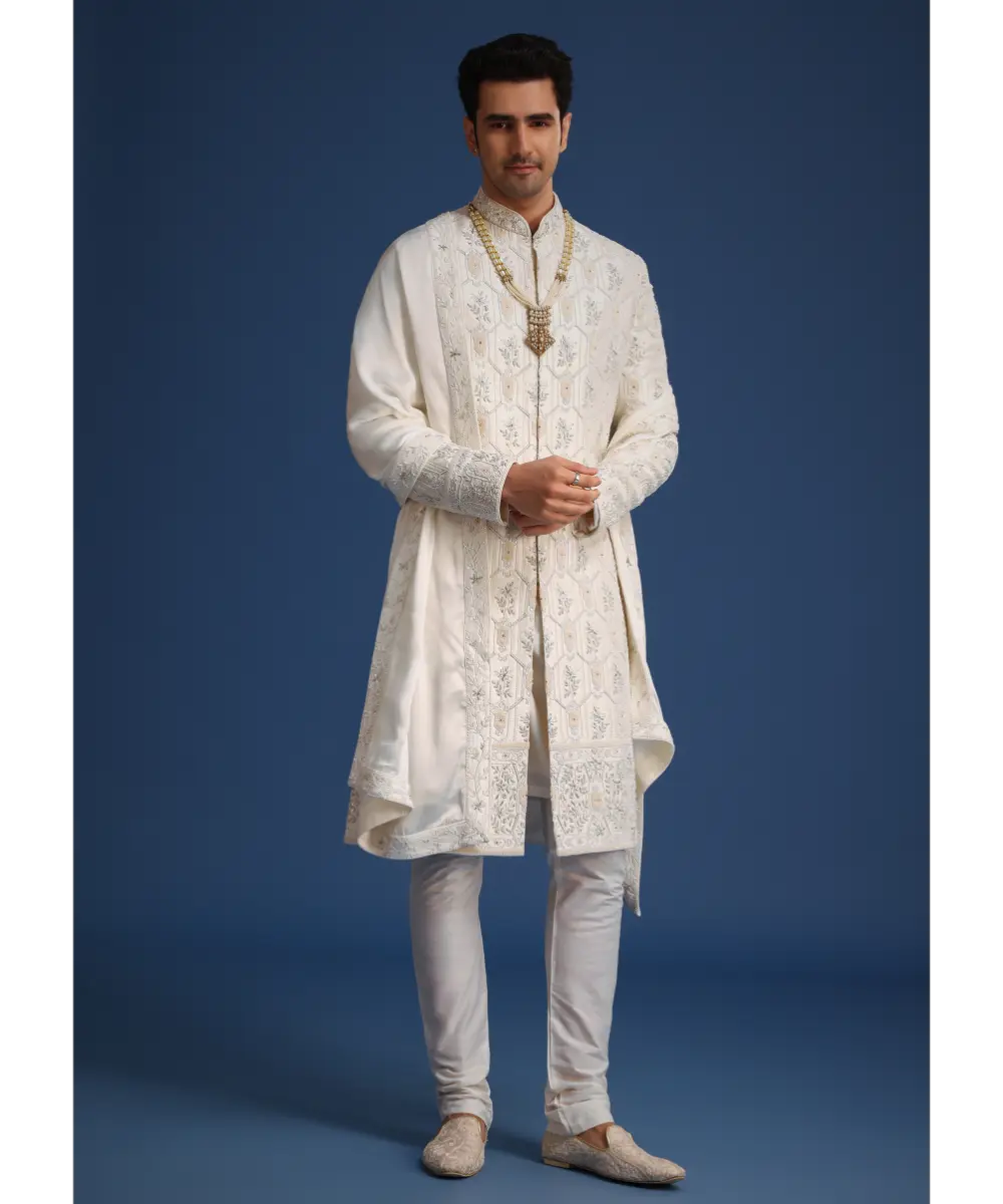 KALKI - Beige Silk Sherwani Set With Mala And Dupatta