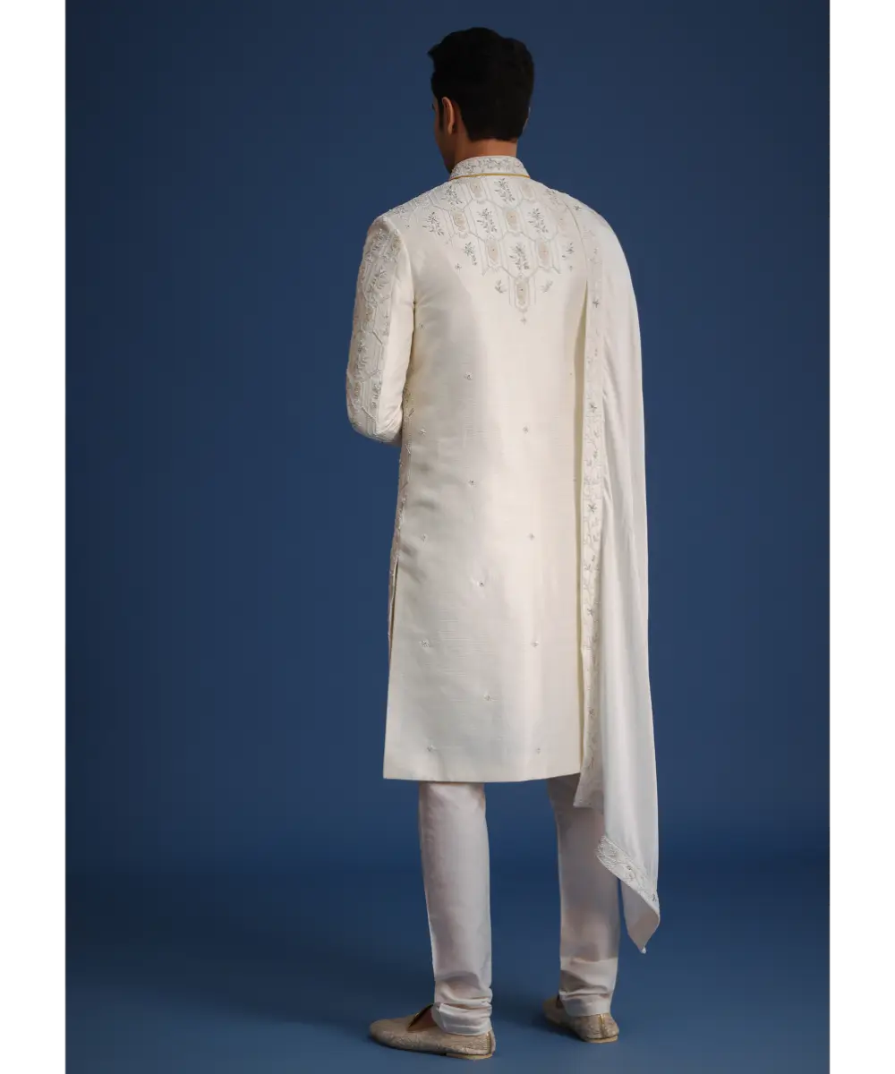 KALKI - Beige Silk Sherwani Set With Mala And Dupatta