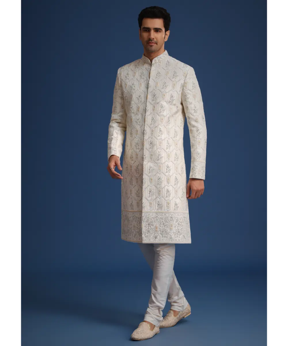 KALKI - Beige Silk Sherwani Set With Mala And Dupatta