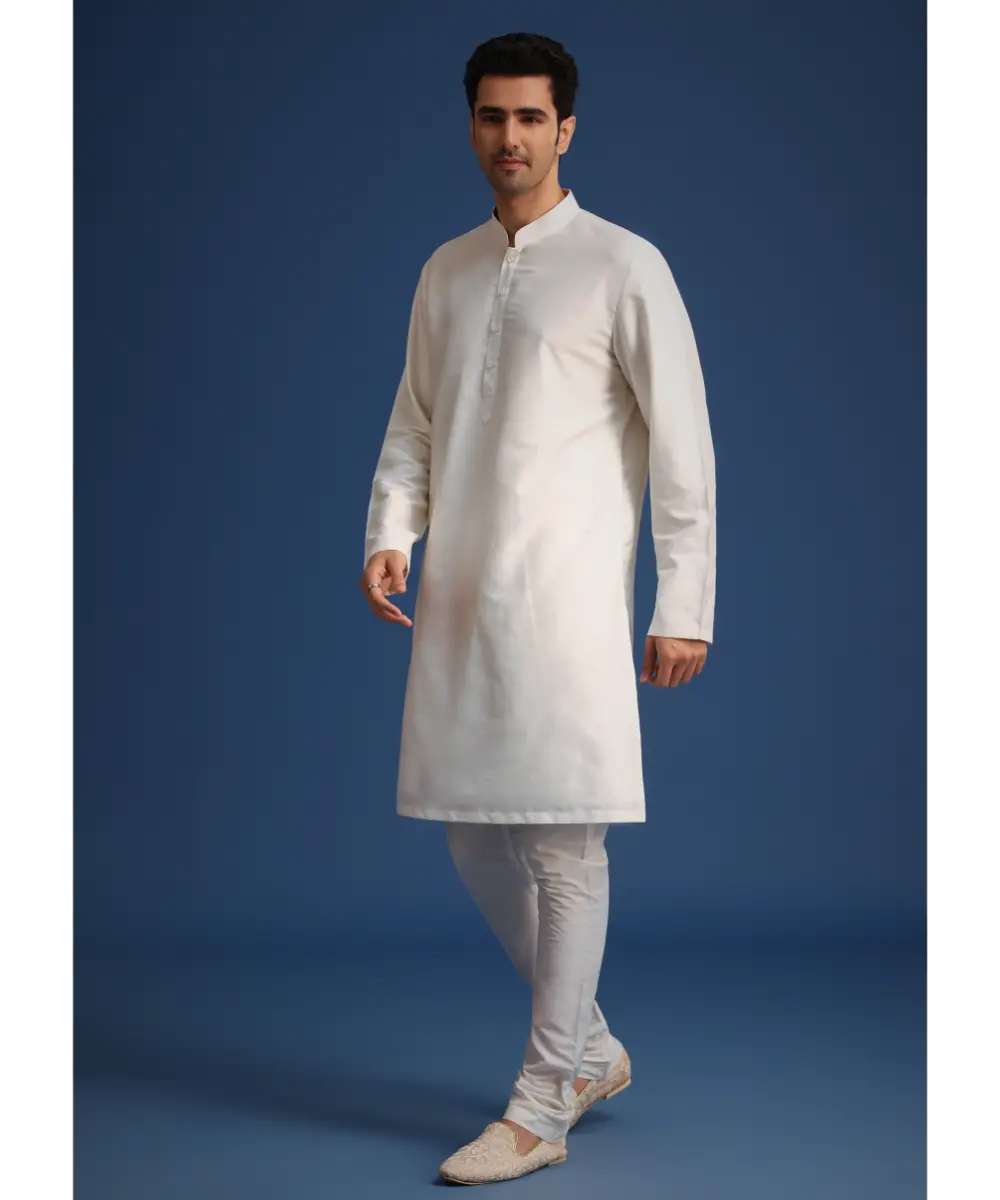 KALKI - Beige Silk Sherwani Set With Mala And Dupatta