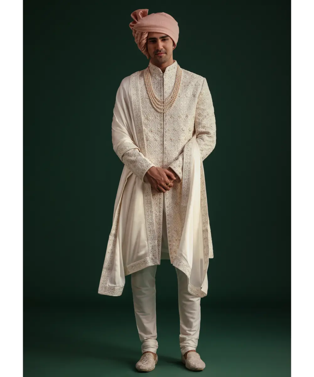 KALKI - Off White Zari Embroidered Sherwani Set With Mala And Dupatta
