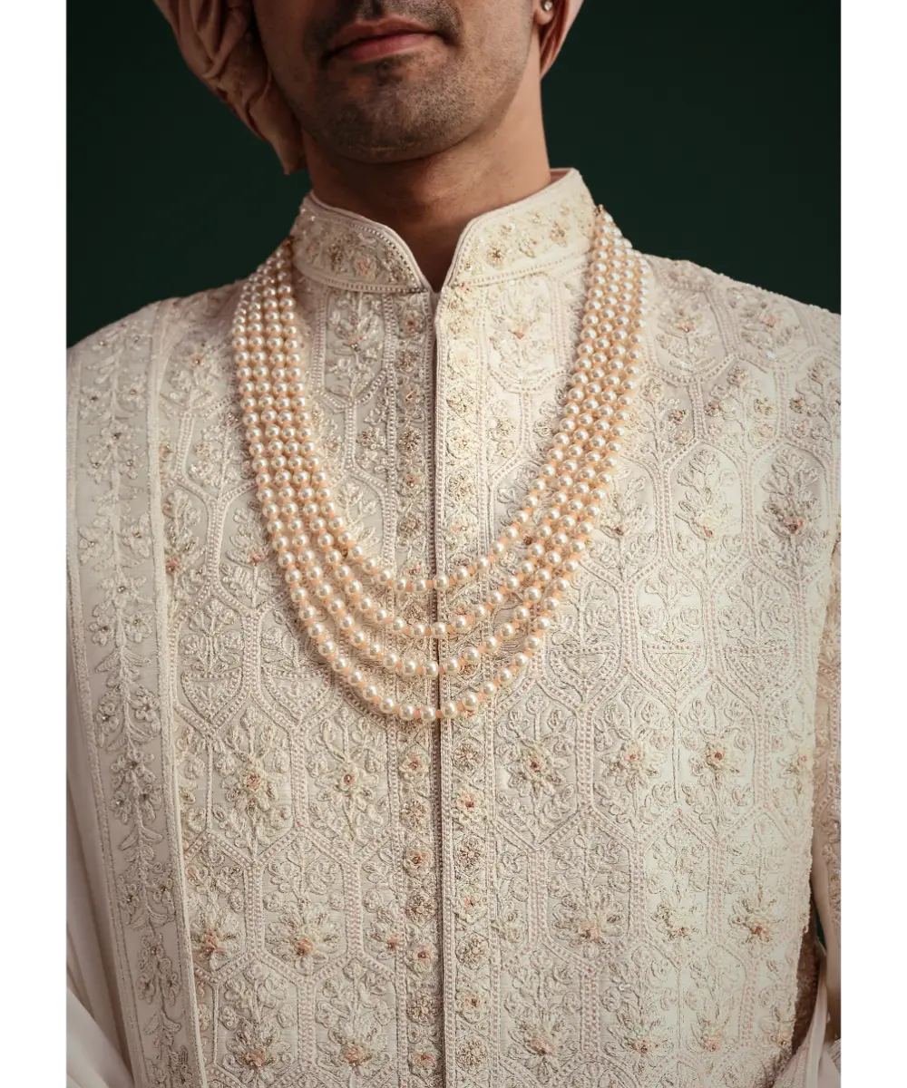 KALKI - Off White Zari Embroidered Sherwani Set With Mala And Dupatta