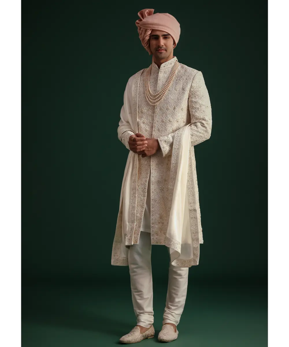 KALKI - Off White Zari Embroidered Sherwani Set With Mala And Dupatta
