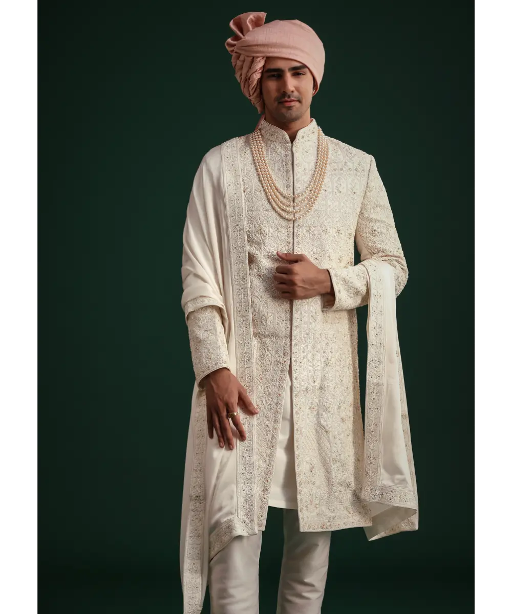 KALKI - Off White Zari Embroidered Sherwani Set With Mala And Dupatta
