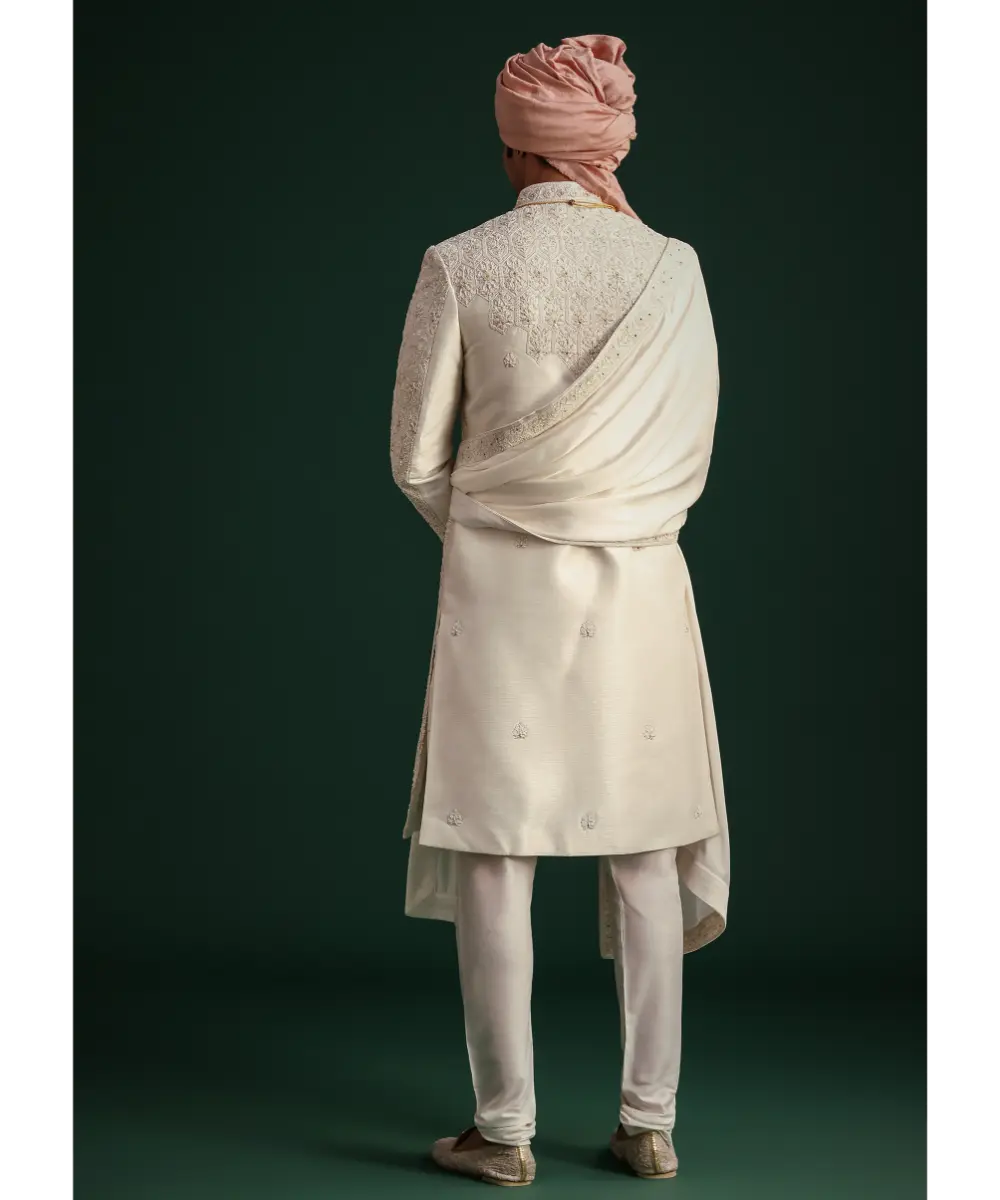 KALKI - Off White Zari Embroidered Sherwani Set With Mala And Dupatta