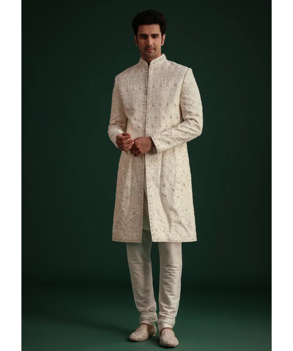 KALKI - Off White Zari Embroidered Sherwani Set With Mala And Dupatta